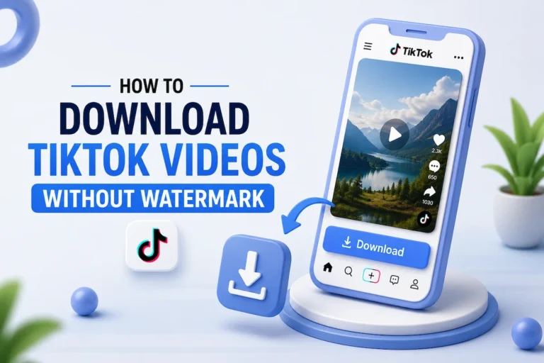 Flat vector banner reading download TikTok videos without watermark beside a phone showing a video player