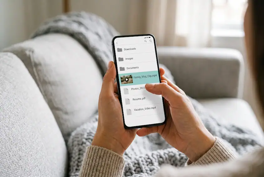 Hands holding a phone browsing files to save TikTok videos to gallery